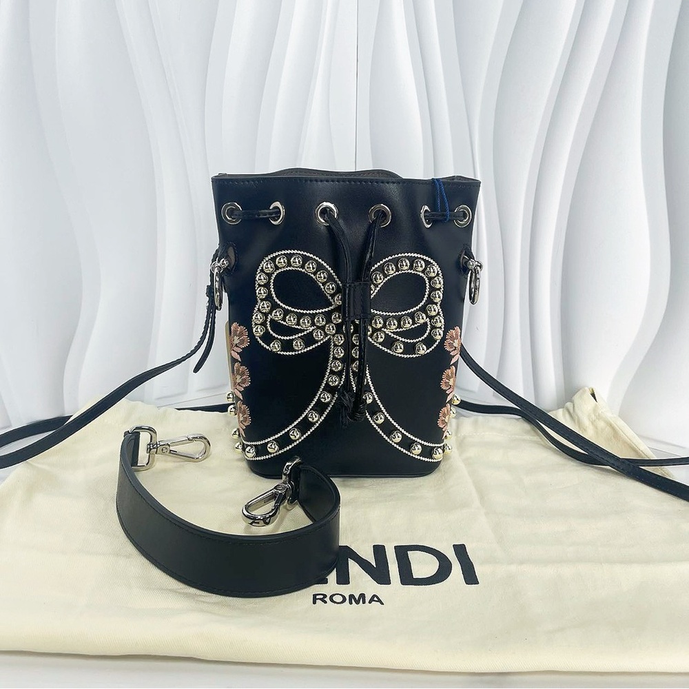 Fendi Black Leather Embellished Bucket Bag